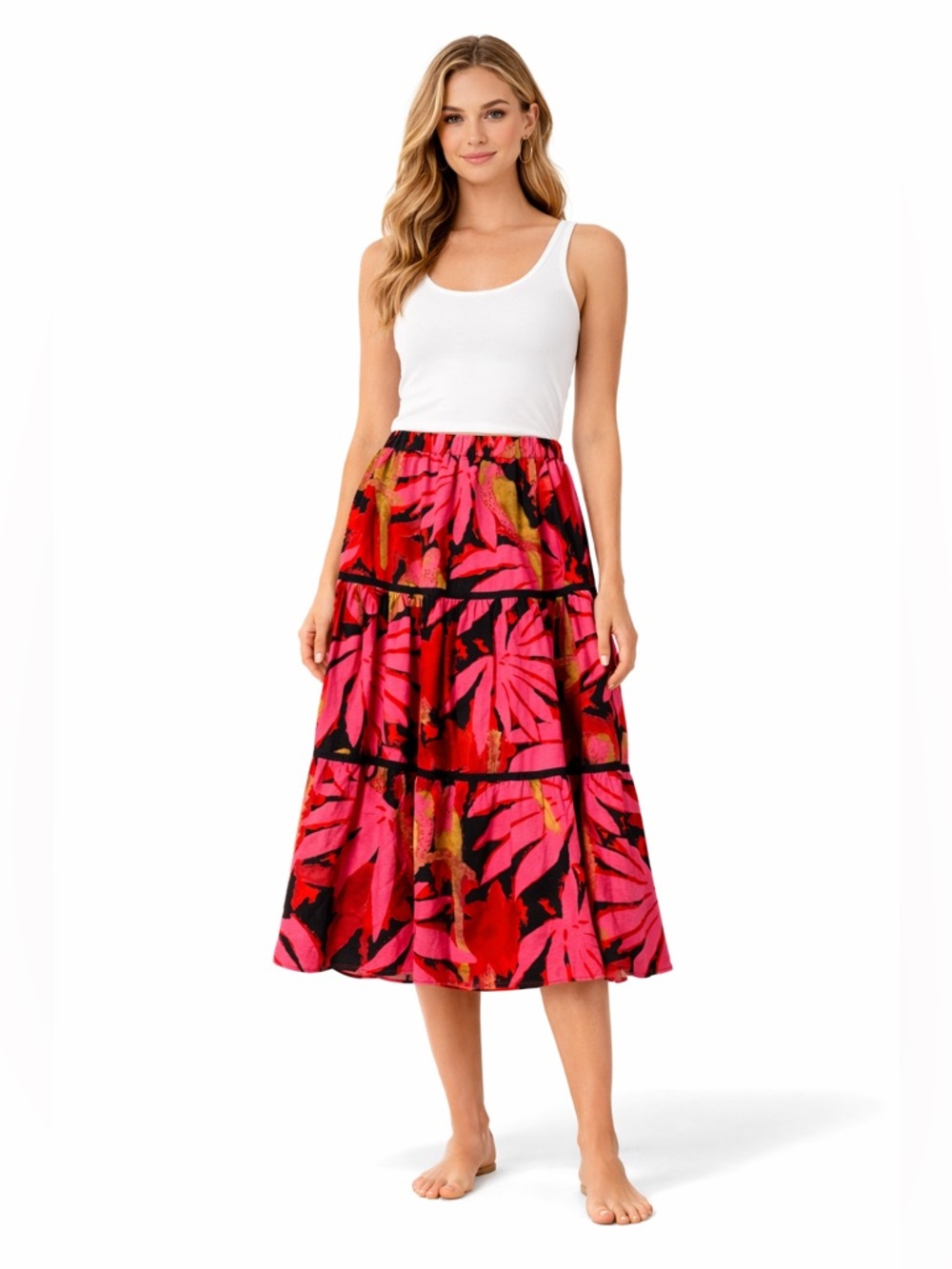 J.Crew Tropical Floral Tiered Midi Skirt Pull-On Elastic Waist Small - Picture 1 of 5